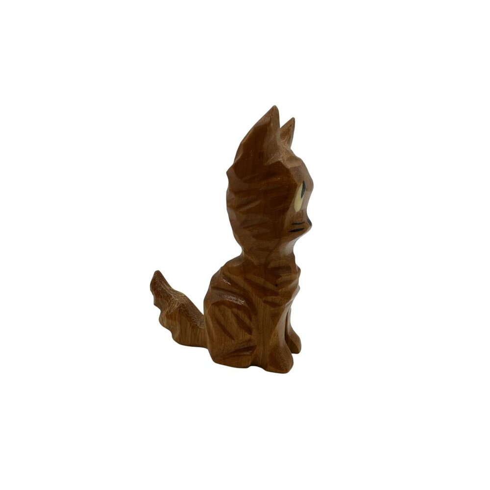 Hand-Carved Wood Cat Figurine With Gloss Finish Decorative Collectible